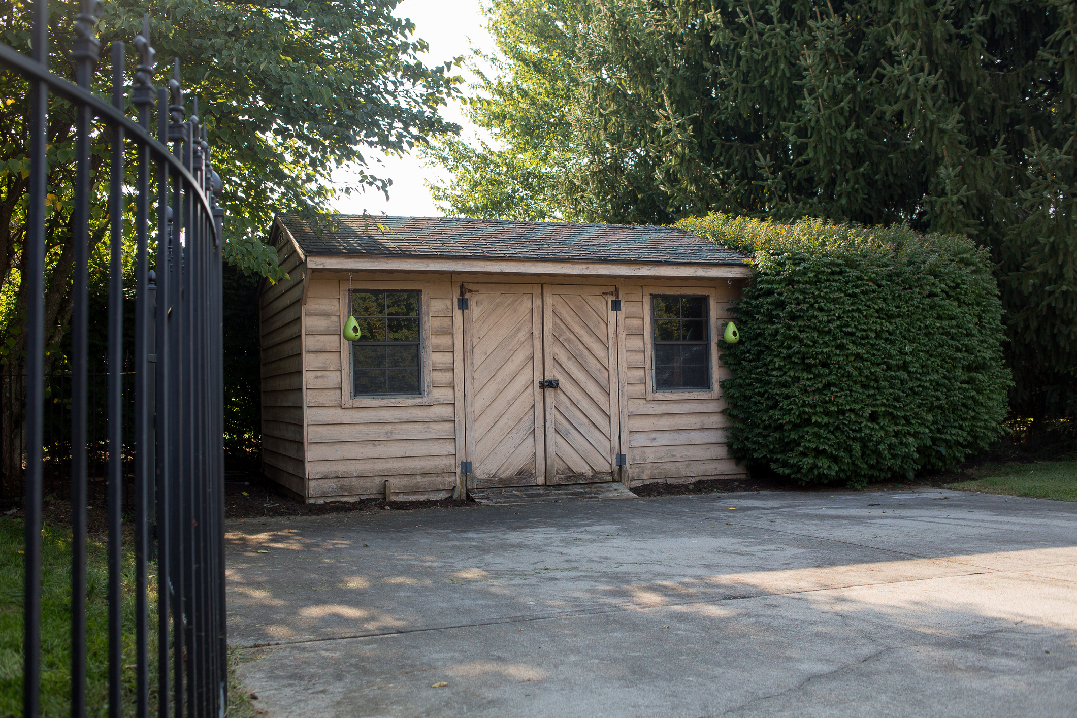 Backyard shed for storing pool chemicals.